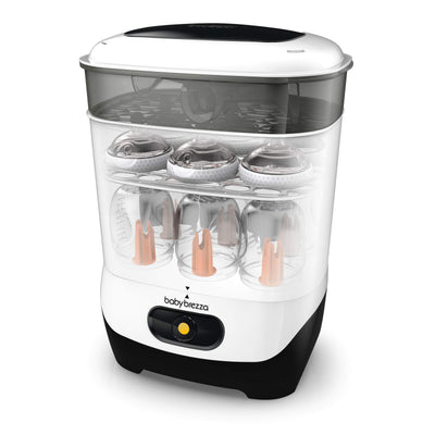 Baby bottle sterilizer with clear container and black base on a white background