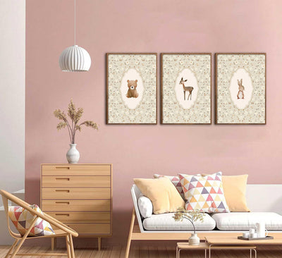 Vintage Woodland Animals Nursery Canvas Wall Art Cute Bunny Bear Deer Picture Wall Decor Country Nursery Poster Farmhouse Nursery Painting Print Artwork for Girls Room Kids Room Baby Room Bedroom