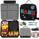 Aimsnk Kids Bento Lunch Box with 8oz Soup Thermo, Kids Leakproof Lunch Food Containers with 4 Compartment,Insulated Hot Food Jar with Lunch Bag for School, Travel (Black)