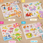 8Pcs Wooden Puzzle for Toddler 1-3, Peg Puzzles for Toddler 2-4, Montessori Learning Toys with Animals, Dinosaur, Fruits & More, Preschool Puzzle Set Educational Toys Toddler Gifts for Girls Boys