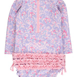 RuffleButts Baby Girls UPF 50+ Sun Protection Floral Printed Long Sleeve One Piece Rash Guard Swimsuit with Zipper - Lavender Floral Princess, 3-6 Months