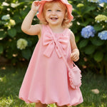 SODLON Baby Girl Dresses 6-12 Months Infant Clothes Summer Vintage Pink Bow Bubble Dress Sweet Linen 3-Piece Outfit with Sunhat & Bag Spring Sleeveless Sundress for Birthday Party Gifts