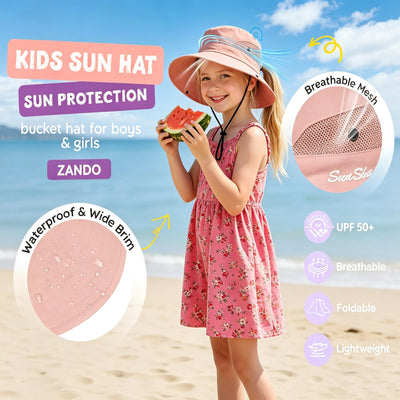 Zando Ponytail Hole Kids Sun Hat Adjustable Girls Beach Bucket Hat UPF 50+ Wide Brim Sun Protection Foldable Child Summer Cap Youth Waterproof Windproof Breathable Swim Fishing Safari Pink 8-12 Years