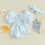 MERSARIPHY Baby Summer Clothes Newborn Infant Girl Smocked Pleated Romper Bubble Short Sleeve Bodysuit Outfits(Blue floral,0-3 Months)