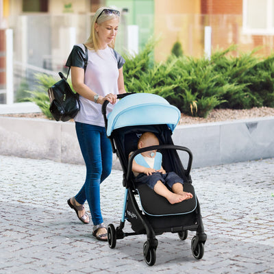 BABY JOY Lightweight Baby Stroller, Compact Travel Stroller for Airplane, Infant Toddler Stroller w/Adjustable Backrest & Canopy, Storage Basket, Self Standing Gravity Fold, Aluminium Frame (Blue)