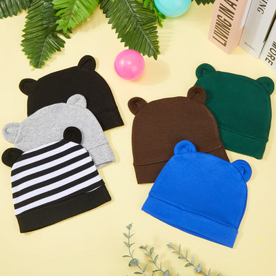 6 Pieces Newborn Baby Hat Bear Ears Infant Caps Baby Boy Girl Toddler Hats Infant Beanie Caps for 0-3 Months (Classic, Black White, Black, Gray, Brown, Royal Blue, Dark Green)