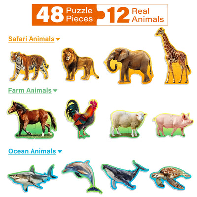 BenBen Puzzles for Toddlers 2-4,12 Animal Puzzles, 3 Levels Step-by-Step Color-Coded Jigsaw Puzzles, 48 Pieces Total, Educational Montessori Toys for Preschool Girls Boys