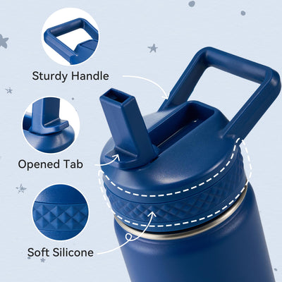 Fijinhom 12 oz Kids Water Bottle, Toddler Water Bottle with Straw, Boys&Girls Bottle for School, 304 Stainless Steel Vacuum Insulated Bottle for Kids, BPA-Free, Leak-Proof, Navy blue