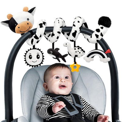 Spiral Car Seat Baby Toys 0-6 Months, Infant Carseat High Contrast Sensory Toys Hanging Stroller Accessories, Newborn Shower Gifts for Baby Boys Essentials Stuff, Cute Black and White Cow