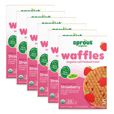 Multiple boxes of Sprout Organics Strawberry Waffles on a white background