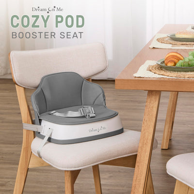 Dream On Me Cozy Pod Baby Booster Seat for 6–36 Months, Portable Travel Booster Chair with 3-Point Safety Harness & 2 Fixing Belts, for Table & Dining, Lightweight Foldable & Easy to Carry - Gray