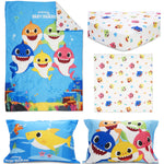 Baby Shark 4-Piece Toddler Bed Set including Super Soft Matching Sheets Set, Pillowcase, and Reversable Comforter For Boys and Girls - (Offical Product)