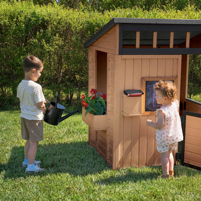 Backyard Discovery Caraway Cottage Cedar Wooden Kids Playhouse with Play Kitchen, Chalkboard, Mailbox, Half Door, Windows, Flower Box, Modern Farmhouse Design for Outdoor Imaginative Play