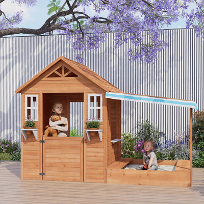 BIRASIL Kids Playhouse with Sandbox, Wooden Outdoor Cottage Play House with Sand Pit for Backyard Garden Ages 3 to 10 Years Old (Brown)