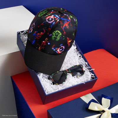 Marvel Spiderman Baseball Cap and Kids Sunglasses Set Breathable Adjustable Sun Hat 100% UV Summer Accessories Set Vacation Essentials Gifts for Boys (Navy/Multi)