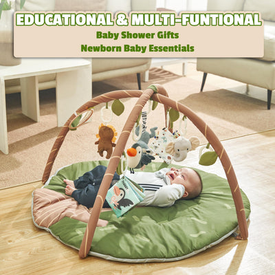 TINITIGIES Baby Play Gym Mat - Jungle Safari Activity Mat with 8 Detachable Toys for Sensory Development - Thick, Oversized, Washable and Non-Slip Bottom Playmat - Perfect Tummy Time Mat for Baby