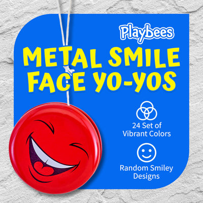 Playbees Metal Smiley Faces YoYos - Set of 12 - 2 Inch for Kids - Assorted Colors Emoticon - Bulk for Beginners, Ideal for Party Favors, Party Bag Collection, Birthday, Giveaways