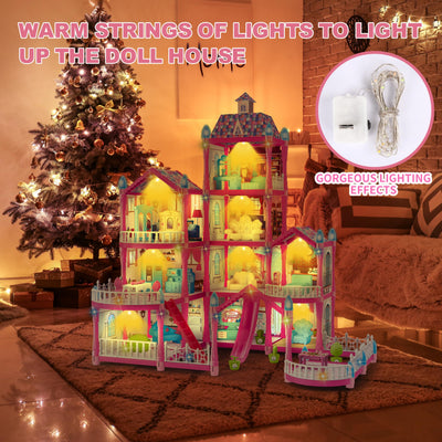 OCTERIC Doll House for Girls ,10 Rooms Pink Doll House with Dolls Figure, Puppies ,Furnitures, Accessories, LED Light, Toddler Playhouse Gift for for 3 4 5 6 7 8 9 10 Year Old Girls Toys