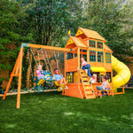 KidKraft Atlas Point Wooden Outdoor Swing Set/Playset with Kitchen, Slides and Glider