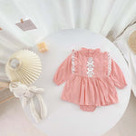 Baby Girl Solid Color Mesh Patchwork Design Long Sleeved Onesies Dress