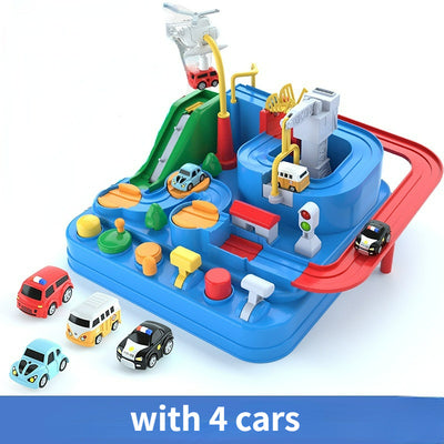 Toy race track set with multiple cars on a white background