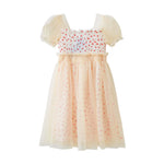 Kids Allover Heart Print Shirred Design Mesh Overlay Puff Sleeve Dress