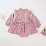 Baby Girl Solid Color Mesh Patchwork Design Long Sleeved Onesies Dress